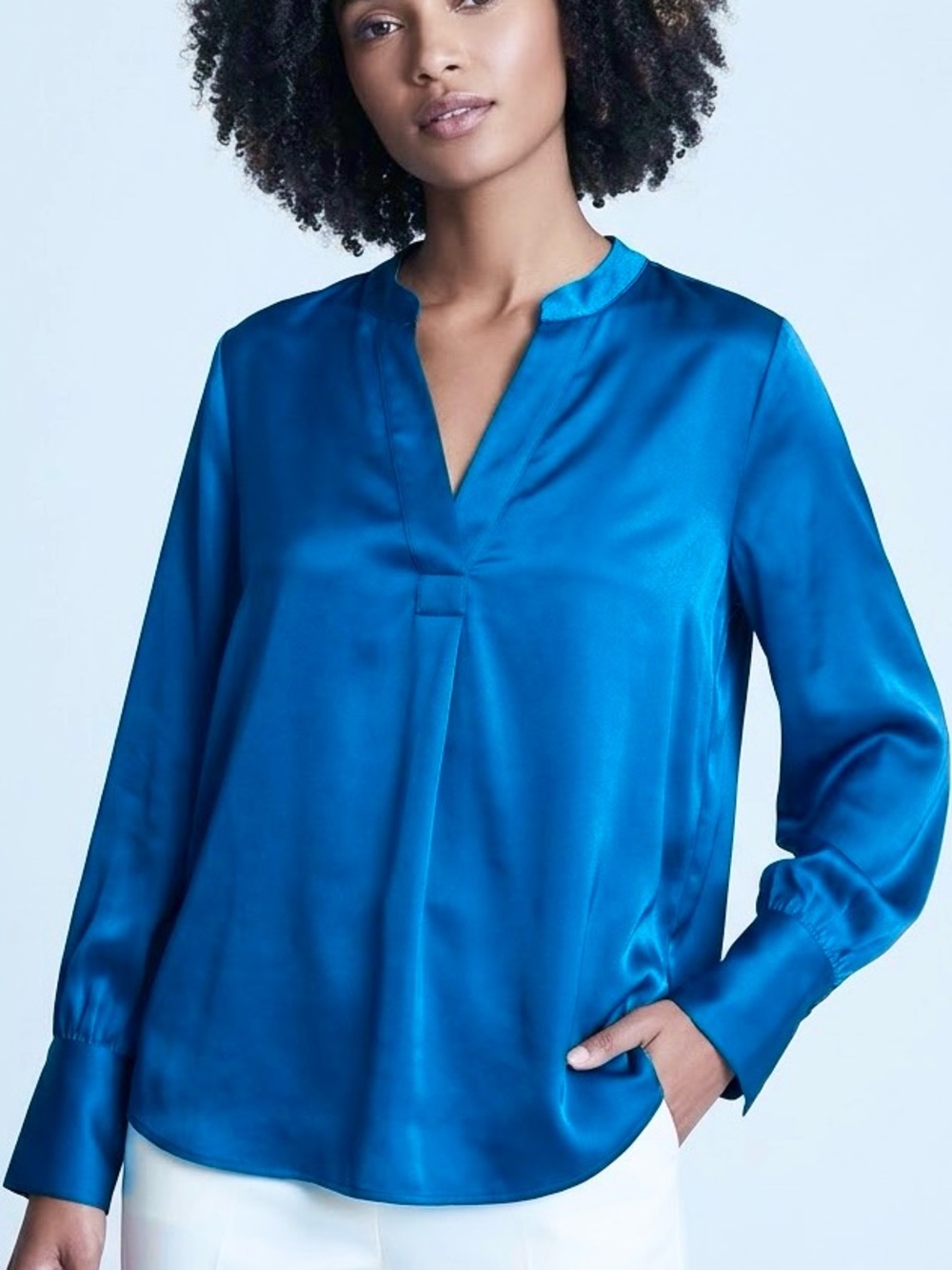 Banana Republic Women's Blue V-Neck Long Sleeve Silky Blouse: Size L petite